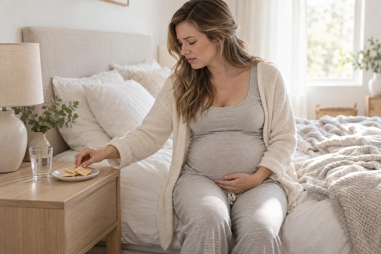 Dry carbohydrates kept by the bed, chewed slowly before getting up, help prevent nausea caused by an empty stomach.